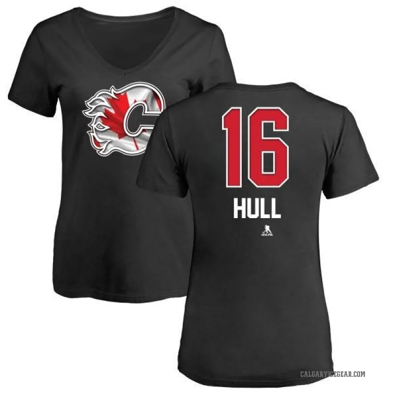 Brett Hull Women's Black Calgary Flames Name and Number Banner Wave V-Neck T-Shirt -