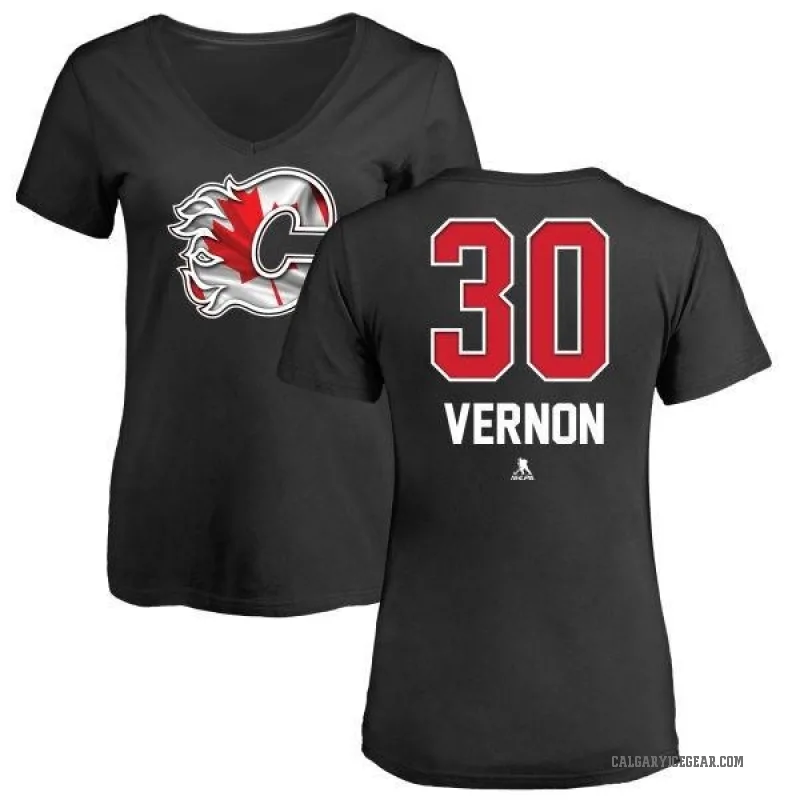 Mike Vernon Women's Black Calgary Flames Name and Number Banner Wave V-Neck T-Shirt -