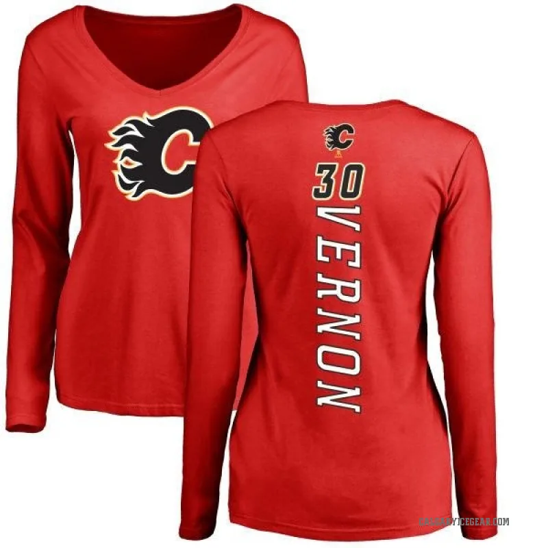 Mike Vernon Women's Red Calgary Flames Backer Long Sleeve T-Shirt -