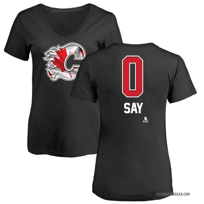 Owen Say Women's Black Calgary Flames Name and Number Banner Wave V-Neck T-Shirt -