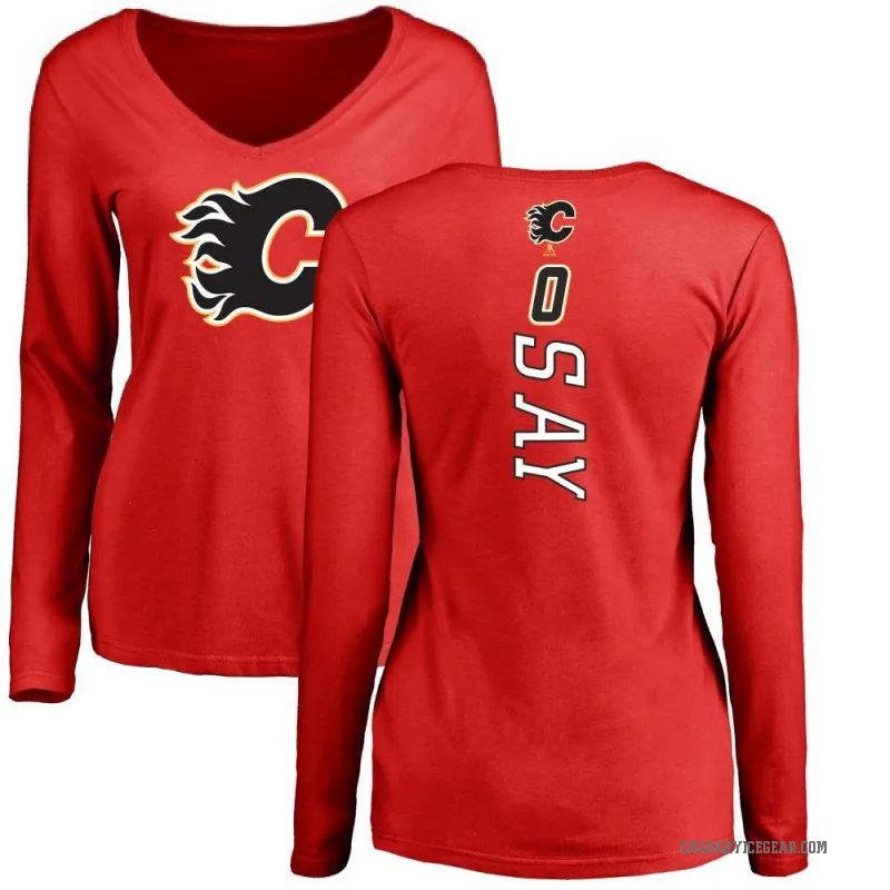 Owen Say Women's Red Calgary Flames Backer Long Sleeve T-Shirt -