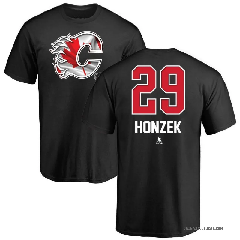 Samuel Honzek Men's Black Calgary Flames Name and Number Banner Wave T-Shirt -
