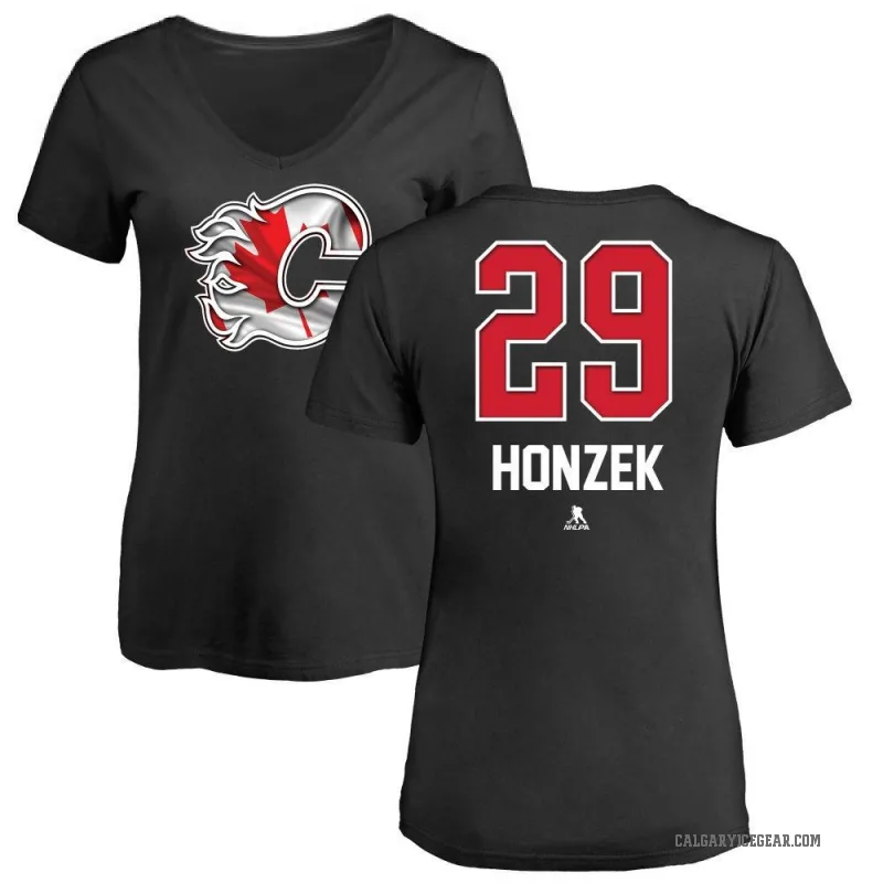 Samuel Honzek Women's Black Calgary Flames Name and Number Banner Wave V-Neck T-Shirt -