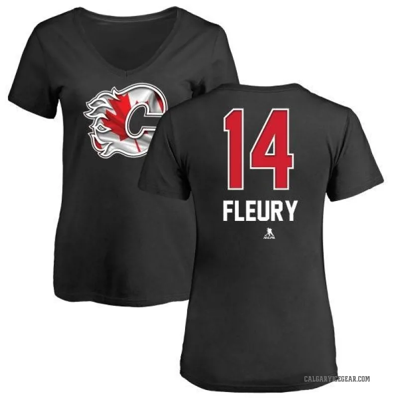Theoren Fleury Women's Black Calgary Flames Name and Number Banner Wave V-Neck T-Shirt -